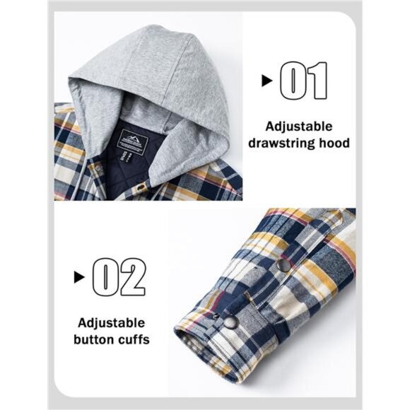 Men's Quilted Lined Flannel Hoodie Jacket Cotton Button Down Shirt Jacket - Picture 3 of 12